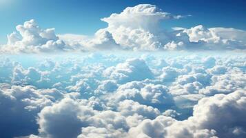 Fluffy clouds dreamy heavenly white blue sky banner wallpaper background. AI generative photo