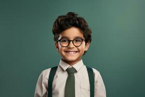 Happy School pupil, Hispanic boy in glasses on isolated on studio background with copy space, back to school. AI generative photo