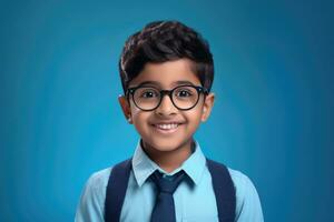 Happy School pupil, Indian boy in glasses on isolated on studio background with copy space, back to school. AI generative photo