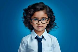 Happy School pupil, Indian girl in glasses on isolated on studio background with copy space, back to school. AI generative photo