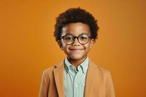 Happy School pupil, African-American boy in glasses on isolated on studio background with copy space, back to school. AI generative photo