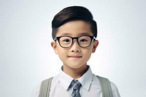 contento colegio alumno, asiático chico en lentes en aislado en estudio antecedentes con Copiar espacio, espalda a escuela. ai generativo foto