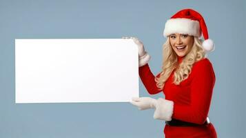 contento mujer vistiendo un de santa sombrero para Navidad participación un blanco firmar en un azul antecedentes con espacio para Copiar. ai generativo foto