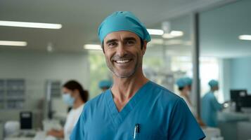 retrato de sonriente hermoso masculino profesional médico enfermero médico pediatra vistiendo azul túnica alrededor cuello en pie en moderno privado clínica hospital, mirando a cámara. ai generativo foto