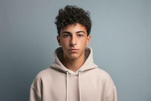 retrato de un contento Adolescente chico estudiante en aislado en estudio antecedentes con Copiar espacio, espalda a escuela. ai generativo foto