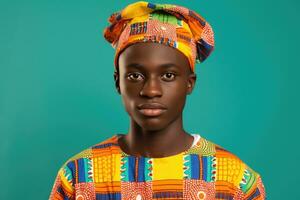 Portrait of a happy Nigerian boy teenage student on isolated on studio background with copy space, back to school. AI generative photo