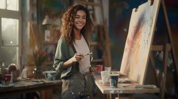 A beautiful girl smiles holding a brush in her hands in front of a painting. AI generative photo