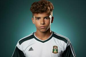 Portrait of a happy Mexican boy teenage sport student on isolated on studio background with copy space, back to school. AI generative photo