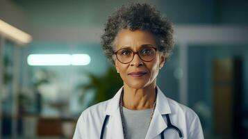 afroamericano profesional hembra médico con estetoscopio. ai generativo foto
