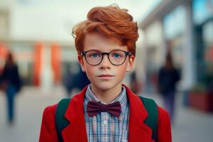 Happy School pupil, ginger boy red hair in glasses on school background. AI generative photo