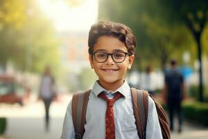 Happy School pupil, Hispanic boy in glasses on isolated on studio background with copy space, back to school. AI generative photo