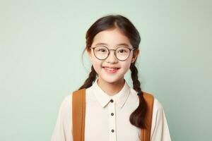 Happy School pupil, Asian girl in glasses on isolated on studio background with copy space, back to school. AI generative photo