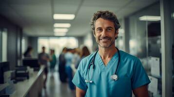 Handsome male professional doctor nurse physician pediatrician wearing blue robe with stethoscope around neck standing in modern private clinic hospital, looking at camera. AI generative photo