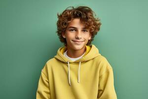 Portrait of a happy Brazilian teenage boy student on isolated on studio background with copy space, back to school. AI generative photo