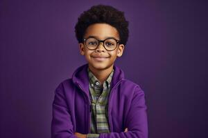 Happy School pupil, African-American boy in glasses on isolated on studio background with copy space, back to school. AI generative photo