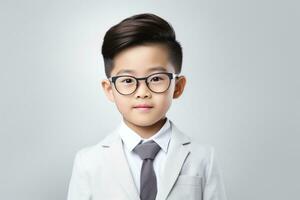 Happy School pupil, Asian boy in glasses on isolated on studio background with copy space, back to school. AI generative photo