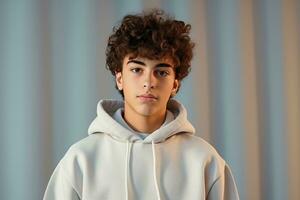 Portrait of a happy teenage boy student on isolated on studio background with copy space, back to school. AI generative photo