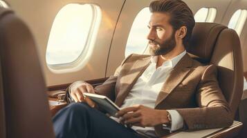 A Businessman sits in a luxurious first class cabin or in a private jet. Business jet interior. Comfortable travel. Illustration for banner, poster, cover, brochure or presentation. AI generative photo