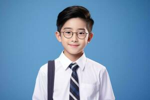 Happy School pupil, Asian boy in glasses on isolated on studio background with copy space, back to school. AI generative photo