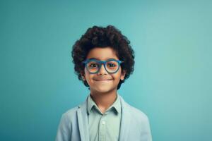 Happy School pupil, Indian boy in glasses on isolated on studio background with copy space, back to school. AI generative photo