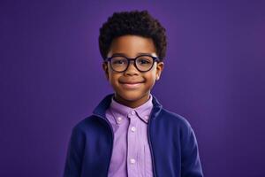 Happy School pupil, African-American boy in glasses on isolated on studio background with copy space, back to school. AI generative photo