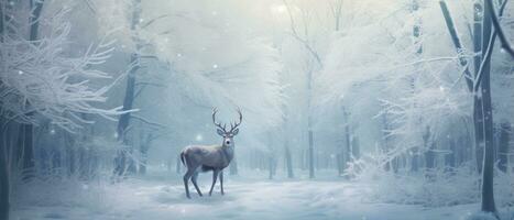 Christmas card background Snowy trees landscape deer. AI generative photo