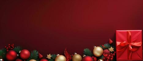 Christmas banner with xmas tree on red canvas background. Merry Christmas card. Winter holiday theme. Happy New Year. Space for text. AI generative photo