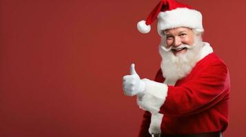 Happy and smiling Santa Claus, dressed in his iconic Christmas outfit, raises his thumbs up in approval, standing isolated against a colorful background. AI generative photo