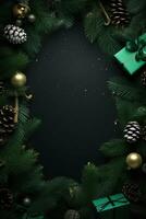 Christmas frame with xmas tree on black canvas background. Merry Christmas card. Winter holiday theme. Happy New Year. Space for text. AI generative photo