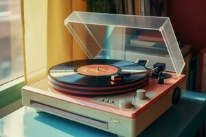 Retro futuristic vinyl player emitting a warm aura. AI generative photo