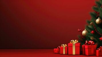 Christmas banner with xmas tree on red canvas background. Merry Christmas card. Winter holiday theme. Happy New Year. Space for text. AI generative photo