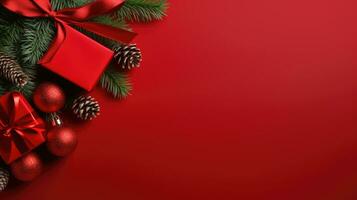 Christmas banner with xmas tree on red canvas background. Merry Christmas card. Winter holiday theme. Happy New Year. Space for text. AI generative photo