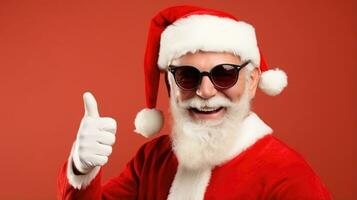 Happy and smiling Santa Claus in sun glasses, raises his thumbs up in approval, standing isolated against a colorful background. AI generative photo