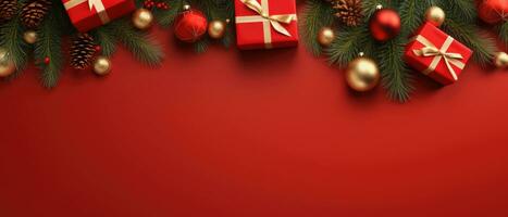 Christmas banner with xmas tree on red canvas background. Merry Christmas card. Winter holiday theme. Happy New Year. Space for text. AI generative photo
