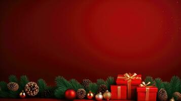 Christmas banner with xmas tree on red canvas background. Merry Christmas card. Winter holiday theme. Happy New Year. Space for text. AI generative photo