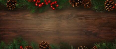 Christmas frame with xmas tree on wood canvas background. Merry Christmas card. Space for text. AI generative photo