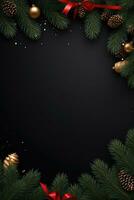 Christmas frame with xmas tree on black canvas background. Merry Christmas card. Winter holiday theme. Happy New Year. Space for text. AI generative photo