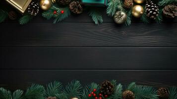 Christmas frame with xmas tree on black wood canvas background. Merry Christmas card. Winter holiday theme. Happy New Year. Space for text. AI generative photo