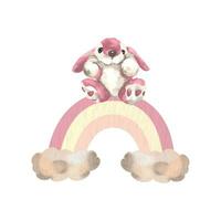 Pink toy bunny on a rainbow with clouds. Vector illustration in watercolor style. Design element for greeting cards, baby shower, invitations, gender party, girl or boy.