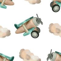 Toy airplane and clouds. Seamless vector pattern in watercolor style. Design element for greeting cards, invitations, textiles, wrapping paper, covers, baby shower, children's room wallpaper.