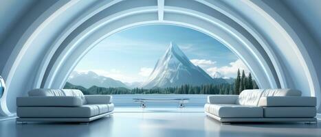 Futuristic white Media room, sci-fi room looking out to an landscape. Big sofa. AI generative photo