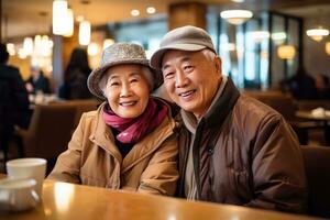 Elderly asian couple in the restaurant. AI generative photo