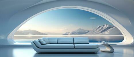 Big white sofa in Futuristic white Living room. Empty space. Sci-fi room looking out to an landscape. AI generative photo