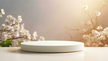 Spring Empty podium for product display Background for presentation pedestal branding mockup. AI generative photo