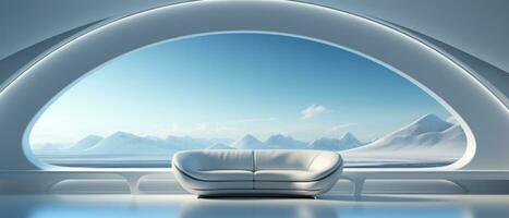 Big white sofa in Futuristic white Living room. Empty space. Sci-fi room looking out to an landscape. AI generative photo