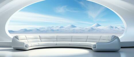 Futuristic white home theatre, sci-fi room looking out to an landscape. Empty space. Long big sofa. AI generative photo