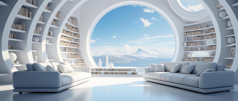 Futuristic white Library room, sci-fi room looking out to an landscape. Empty space. AI generative photo