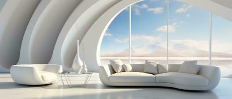 A futuristic white living room with a sprawling sofa, offering a glimpse of the surreal, sci-fi realm just beyond its walls. AI generative photo