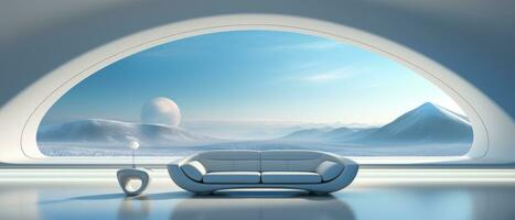 Minimalist white living room in a futuristic setting, featuring a spacious sofa and breathtaking views of a sci-fi world. AI generative photo