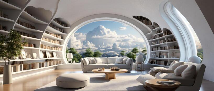 Futuristic white Library room, sci-fi room looking out to an landscape. Empty space. AI generative photo